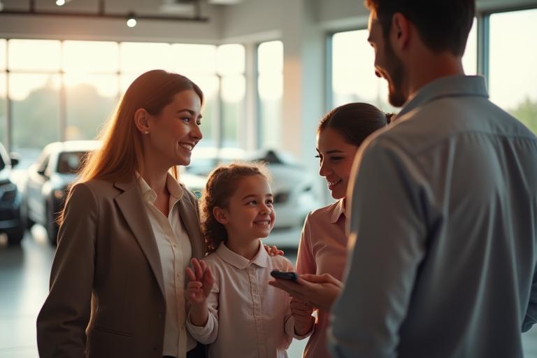 Showroom staff assisting a family