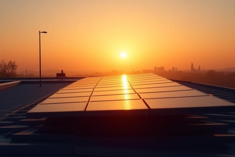 Solar panels on dealership roof at sunset